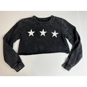 Cropped Acid Wash Pullover Sweatshirt Top Womens Small Black Stars Mono B